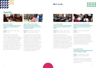 1514
Agenda
Horário: 9h30 - 13h00 / 14h00 - 17h00
Local: Coimbra
Dirigidas aos Técnicos, estas ações
contemplarão exposições interativas,
exercícios práticos, atividades e trabalhos em
grupo e experimentação de metodologias.
Tem como objetivo estratégico capacitá-
los com metodologias e instrumentos
de formação para, posteriormente, estes
assumirem a dinamização de ações de
capacitação dirigidas aos Pais/Encarregados
de Educação de alunos do 1.º Ciclo do
Ensino Básico, com o apoio de consultores
especializados em Educação Parental.
Horário: A comunicar oportunamente
Local: In loco
Estas sessões de supervisão servem para
apoiar a implementação das metodologias
de Educação Parental em contextos escolar
e profissionais reais e são dinamizadas por
consultores especializados. As 2 sessões de
supervisão, por participante, estão intercaladas
com as sessões presenciais e terão uma
duração de cerca de uma hora cada.
Horário: 9h30 - 13h00 / 14h00 - 17h00
Local: Coimbra / Cantanhede / Arganil
Desenvolvimento de um plano de
capacitação Learning By Doing, no qual se
promove o trabalho em grupo e autónomo e
a aplicação em contexto profissional, através
de exposições interativas, exercícios práticos
e experimentação de metodologias. Tem
como objetivo estratégico capacitá-los com
metodologias e instrumentos de intervenção
e de relação com as crianças nos contextos
escolares não curriculares, e que estes terão
de aplicar na sua prática profissional.
Horário: 9h30 - 13h00 / 14h00 - 17h00
Local: A comunicar oportunamente
Estas sessões contemplarão exposições
interativas, exercícios práticos, atividades
e trabalhos em grupo e experimentação
de metodologias. Este programa pretende
capacitá-los com as metodologias e
instrumentos de educação parental, que
permitam, tanto no contexto familiar como
na relação com a escola, aumentar as
abordagens e relações positivas entre os
principais agentes educativos das crianças
do 1.º Ciclo do Ensino Básico e aumentar
os indicadores de sucesso escolar e de
comportamentos adequados.
Horário: A comunicar oportunamente
Local: A comunicar oportunamente
Momento de encerramento e de avaliação
retrospetiva e prospetiva do programa de
capacitação, com a partilha de sentimentos e
de ideias de futuro.
16 a 23 OUT. 2019
Ações de capacitação para Técnicos
Superiores de cada município da
CIMRC
13 a 21 JAN. e 10 a 18 FEV. 2020
Sessões de supervisão para Assistentes
Operacionais de cada município da
CIMRC
17 a 20 DEZ. 2019
Ações de capacitação para Assistentes
Operacionais de cada município da
CIMRC
4 NOV. 2019 a 17 FEV. 2020
Ações de capacitação para Pais/
Encarregados de Educação de cada
município da CIMRC
24 e 26 FEV. 2020
Evento final para Assistentes Operacionais
de cada município da CIMRC
 