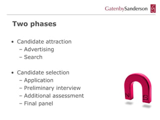 Two phases

• Candidate attraction
   – Advertising
   – Search

• Candidate selection
   – Application
   – Preliminary interview
   – Additional assessment
   – Final panel
 