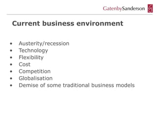 Current business environment

•   Austerity/recession
•   Technology
•   Flexibility
•   Cost
•   Competition
•   Globalisation
•   Demise of some traditional business models
 