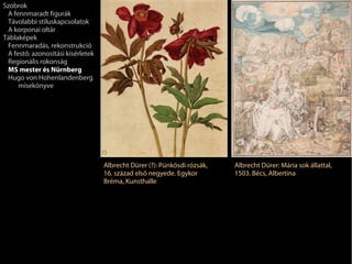 Szobrok
 A fennmaradt figurák
 Távolabbi stíluskapcsolatok
 A korponai oltár
Táblaképek
 Fennmaradás, rekonstrukció
 A festő: azonosítási kísérletek
 Regionális rokonság
 MS mester és Nürnberg
 Hugo von Hohenlandenberg
     misekönyve




                                   Albrecht Dürer (?): Pünkösdi rózsák,   Albrecht Dürer: Mária sok állattal,
                                   16. század első negyede. Egykor        1503. Bécs, Albertina
                                   Bréma, Kunsthalle
 
