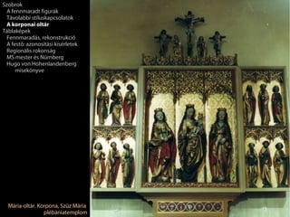 Szobrok
 A fennmaradt figurák
 Távolabbi stíluskapcsolatok
 A korponai oltár
Táblaképek
 Fennmaradás, rekonstrukció
 A festő: azonosítási kísérletek
 Regionális rokonság
 MS mester és Nürnberg
 Hugo von Hohenlandenberg
     misekönyve




  Mária-oltár. Korpona, Szűz Mária
                 plébániatemplom
 