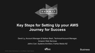© 2016, Amazon Web Services, Inc. or its Affiliates. All rights reserved.
David Ly, Account Manager & Nathan Besh, Technical Account Manager,
Amazon Web Services
Jethro Carr, Systems Architect, Fairfax Media NZ
Key Steps for Setting Up your AWS
Journey for Success
Business
 