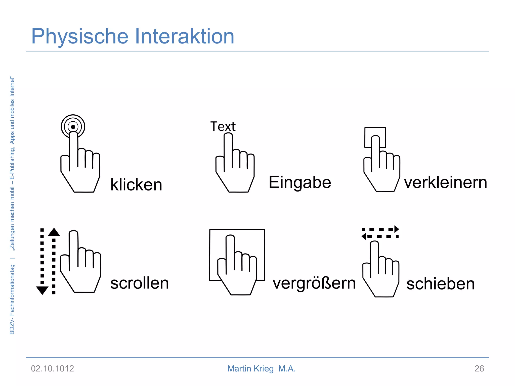 „Zeitungen machen mobil – E-Publishing, Apps und mobiles Internet“

Physische Interaktion

02.10.1012

Eingabe

verkleinern

scrollen

BDZV- Fachinformationstag |

klicken

vergrößern

schieben

Martin Krieg M.A.

26

 