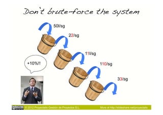 Don’t brute-force the system!
                      50l/sg

                                   22/sg



                                               11l/sg

 +10%!!                                                 110/sg


                                                                      33/sg




© 2012 Proyectalis Gestión de Proyectos S.L.            More at http://slideshare.net/proyectalis
 