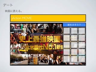 デート
映画に誘える。

  jAction MOVIE
                  誰をさそう？
 