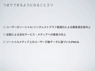 つまりできるようになること３つ




◎ ユーザーのソーシャル/インタレストグラフ最適化による顧客満足度向上

◎ 拡散による自社サービス・メディアへの集客力向上

◎ ソーシャルメディア上のユーザー行動データに基づいたPDCA
 