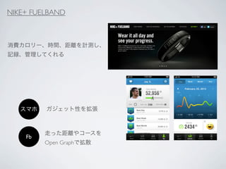 NIKE+ FUELBAND



消費カロリー、時間、距離を計測し、
記録、管理してくれる




   スマホ   ガジェット性を拡張



         走った距離やコースを
    Fb
         Open Graphで拡散
 