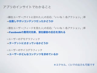 アプリのインサイトでわかること


 ○顕在ユーザー(サイトに訪れた人)の反応(「いいね！/各アクション」)率
  拡散しやすいコンテンツだったかどうか

 ○潜在ユーザー(フィードを見た人)の反応(「いいね！/各アクション」)率
  Facebookの費用対効果、潜在顧客の反応を測れる

 ○ユーザーのデモグラフィック
  ターゲットにささっているかどうか

 ○ユーザーのサイコグラフィック
  ユーザーがどんなコンテンツを求めているか



                       ＊エクセル、CSVでの出力も可能です
 