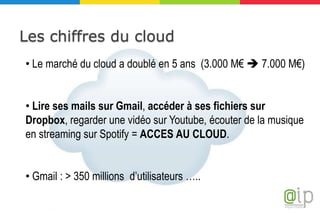 Les chiffres du cloud
• Le marché du cloud a doublé en 5 ans (3.000 M€  7.000 M€)


• Lire ses mails sur Gmail, accéder à...