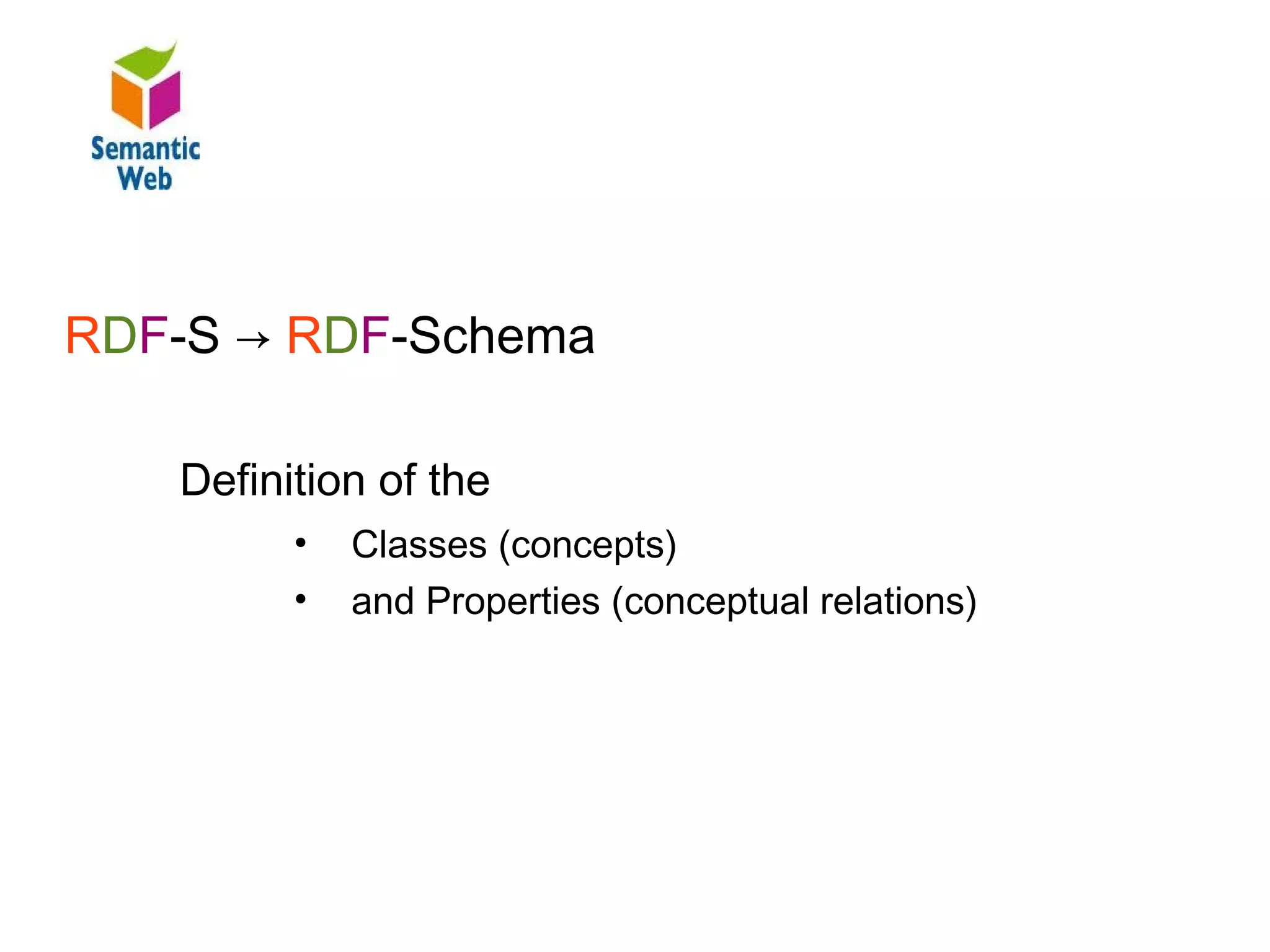B – SW – Ontologies

RDF-S → RDF-Schema

   Definition of the
         •    Classes (concepts)
         •    and Properties (conceptual relations)


   Hierachy organisation with conceptual relations
 
