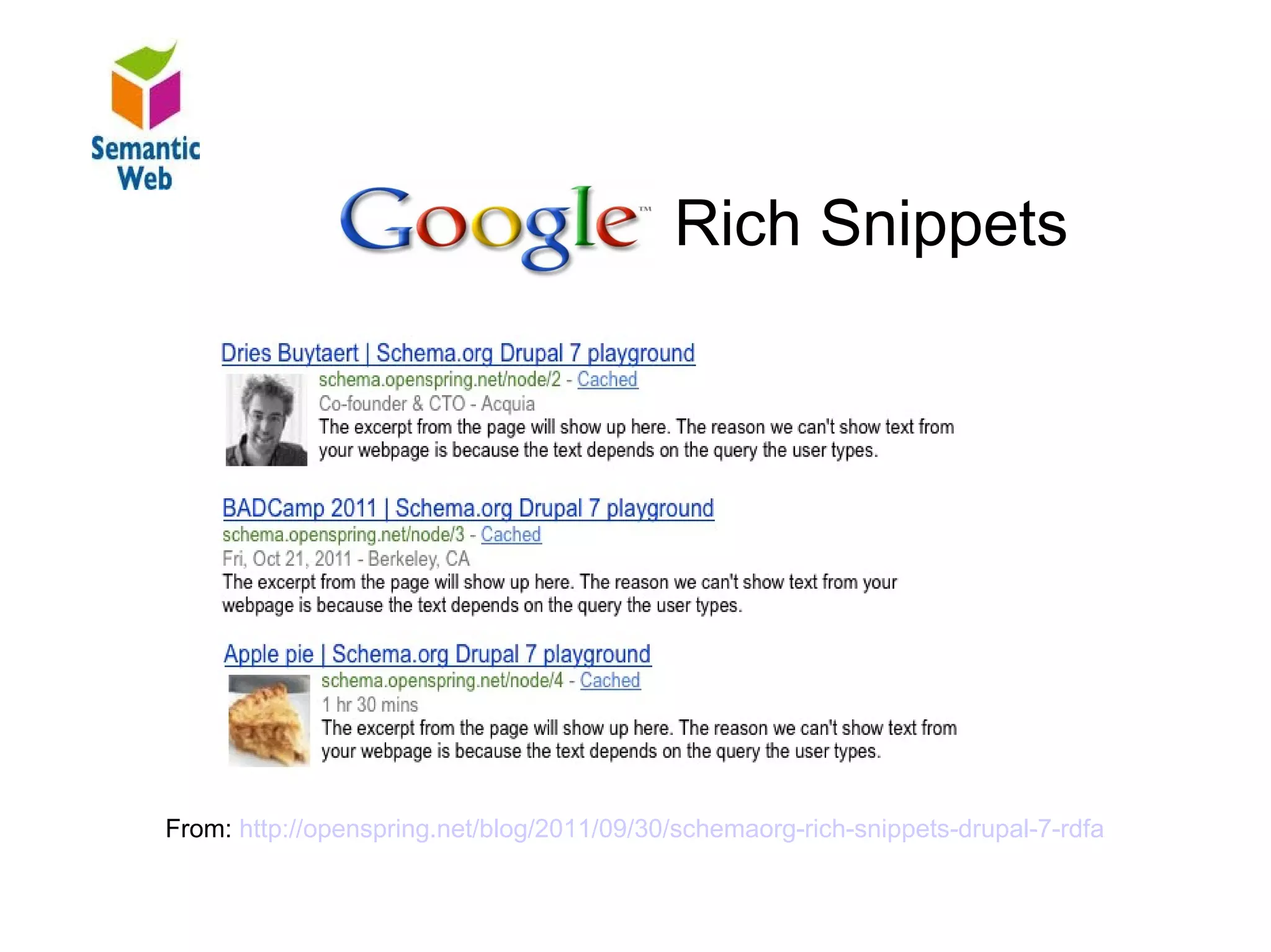 B – SW
Google Rich Snippet
                                               Rich Snippets




    From: http://openspring.net/blog/2011/09/30/schemaorg-rich-snippets-drupal-7-rdfa
 