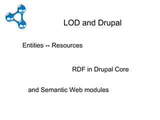 D – LODrupal - Drupal
                    LOD and Drupal

Entities ↔ Resources
     Availability and Access
     Entities ↔ Resources

RDFReuse and Redistribution
    in Core
                      RDF in Drupal Core
    Universal Participation
Semantic Web modules
    and Semantic Web modules
 