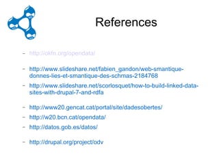 E – LODrupal Hackathon
                 References

−   http://okfn.org/opendata/

−   http://www.slideshare.net/fabien_gandon/web-smantique-
    donnes-lies-et-smantique-des-schmas-2184768
−   http://www.slideshare.net/scorlosquet/how-to-build-linked-data-
    sites-with-drupal-7-and-rdfa

−   http://www20.gencat.cat/portal/site/dadesobertes/
−   http://w20.bcn.cat/opendata/
−   http://datos.gob.es/datos/

−   http://drupal.org/project/odv
 