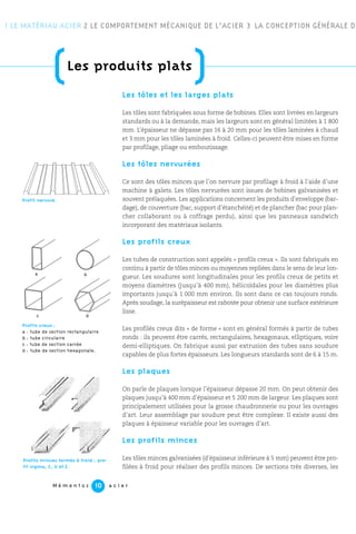 1 LE MATÉRIAU ACIER 2 LE COMPORTEMENT MÉCANIQUE DE L’ACIER 3 LA CONCEPTION GÉNÉRALE DE
M é m e n t o s a c i e r10
Les tôles et les larges plats
Les tôles sont fabriquées sous forme de bobines. Elles sont livrées en largeurs
standards ou à la demande, mais les largeurs sont en général limitées à 1 800
mm. L’épaisseur ne dépasse pas 16 à 20 mm pour les tôles laminées à chaud
et 3 mm pour les tôles laminées à froid. Celles-ci peuvent être mises en forme
par profilage, pliage ou emboutissage.
Les tôles nervurées
Ce sont des tôles minces que l’on nervure par profilage à froid à l’aide d’une
machine à galets. Les tôles nervurées sont issues de bobines galvanisées et
souvent prélaquées. Les applications concernent les produits d’enveloppe (bar-
dage), de couverture (bac, support d’étanchéité) et de plancher (bac pour plan-
cher collaborant ou à coffrage perdu), ainsi que les panneaux sandwich
incorporant des matériaux isolants.
Les profils creux
Les tubes de construction sont appelés « profils creux ». Ils sont fabriqués en
continu à partir de tôles minces ou moyennes repliées dans le sens de leur lon-
gueur. Les soudures sont longitudinales pour les profils creux de petits et
moyens diamètres (jusqu’à 400 mm), hélicoïdales pour les diamètres plus
importants jusqu’à 1 000 mm environ. Ils sont dans ce cas toujours ronds.
Après soudage, la surépaisseur est rabotée pour obtenir une surface extérieure
lisse.
Les profilés creux dits « de forme » sont en général formés à partir de tubes
ronds : ils peuvent être carrés, rectangulaires, hexagonaux, elliptiques, voire
demi-elliptiques. On fabrique aussi par extrusion des tubes sans soudure
capables de plus fortes épaisseurs. Les longueurs standards sont de 6 à 15 m.
Les plaques
On parle de plaques lorsque l’épaisseur dépasse 20 mm. On peut obtenir des
plaques jusqu’à 400 mm d’épaisseur et 5 200 mm de largeur. Les plaques sont
principalement utilisées pour la grosse chaudronnerie ou pour les ouvrages
d’art. Leur assemblage par soudure peut être complexe. Il existe aussi des
plaques à épaisseur variable pour les ouvrages d’art.
Les profils minces
Les tôles minces galvanisées (d’épaisseur inférieure à 5 mm) peuvent être pro-
filées à froid pour réaliser des profils minces. De sections très diverses, les
(Les produits plats
)
Profil nervuré.
Profils creux :
a : tube de section rectangulaire
b : tube circulaire
c : tube de section carrée
d : tube de section hexagonale.
c
a b
d
Profils minces formés à froid : pro-
fil sigma, C, U et Z.
 