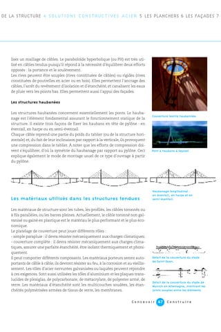 C o n c e v o i r C o n s t r u i r e47
liser un maillage de câbles. Le paraboloïde hyperbolique (ou PH) est très uti-
lisé en câbles tendus puisqu’il répond à la nécessité d’équilibrer deux efforts
opposés : la portance et le soulèvement.
Les rives peuvent être souples (rives constituées de câbles) ou rigides (rives
constituées de poutrelles en acier ou en bois). Elles permettent l’ancrage des
câbles, l’arrêt du revêtement d’isolation et d’étanchéité, et canalisent les eaux
de pluie vers les points bas. Elles permettent aussi l’appui des façades.
Les structures haubanées
Les structures haubanées concernent essentiellement les ponts. Le hauba-
nage est l’élément fondamental assurant le fonctionnement statique de la
structure. Il existe trois façons de fixer les haubans en tête de pylône : en
éventail, en harpe ou en semi-éventail.
Chaque câble reprend une partie du poids du tablier (ou de la structure hori-
zontale) et, du fait de leur inclinaison par rapport à la verticale, ils provoquent
une compression dans le tablier. À noter que les efforts de compression doi-
vent s’équilibrer, d’où la symétrie du haubanage par rapport au pylône. Ceci
explique également le mode de montage usuel de ce type d’ouvrage à partir
du pylône.
Les matériaux utilisés dans les structures tendues
Les matériaux de structure sont les tubes, les profilés, les câbles toronnés ou
à fils parallèles, ou les barres pleines. Actuellement, le câble toronné non gal-
vanisé ou gainé en plastique est le matériau le plus performant et le plus éco-
nomique.
Le platelage de couverture peut jouer différents rôles :
- simple parapluie : il devra résister mécaniquement aux charges climatiques;
- couverture complète : il devra résister mécaniquement aux charges clima-
tiques, assurer une parfaite étanchéité, être isolant thermiquement et phoni-
quement.
Il peut comporter différents composants. Les matériaux porteurs seront auto-
portants de câble à câble, ils devront résister au feu, à la corrosion et au vieillis-
sement. Les tôles d’acier nervurées galvanisées ou laquées peuvent répondre
à ces exigences. Sont aussi utilisées les tôles d’aluminium et les plaques trans-
lucides de plexiglas, de polycarbonate, de métacrylate, de polyester armé, de
verre. Les matériaux d’étanchéité sont les multicouches soudées, les étan-
chéités polymérisées armées de tissus de verre, les membranes.
DE LA STRUCTURE 4 SOLUTIONS CONSTRUCTIVES ACIER 5 LES PLANCHERS 6 LES FAÇADES 7
Couverture textile haubannée.
Pont à haubans à Seyssel.
Haubanage longitudinal :
en éventail, en harpe et en
semi-éventail.
Détail de la couverture du stade
de Saint-Ouen.
Détail de la couverture du stade de
Munich en Allemagne, montrant les
joints souples entre les éléments.
 