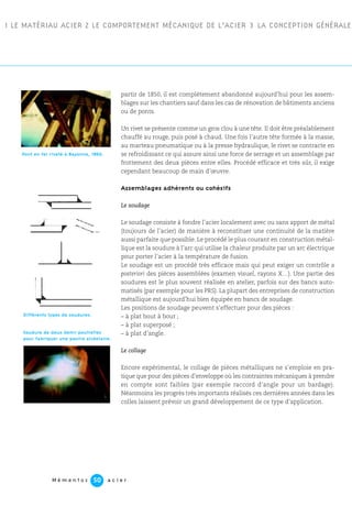 M é m e n t o s a c i e r50
1 LE MATÉRIAU ACIER 2 LE COMPORTEMENT MÉCANIQUE DE L’ACIER 3 LA CONCEPTION GÉNÉRALE
partir de 1850, il est complètement abandonné aujourd’hui pour les assem-
blages sur les chantiers sauf dans les cas de rénovation de bâtiments anciens
ou de ponts.
Un rivet se présente comme un gros clou à une tête. Il doit être préalablement
chauffé au rouge, puis posé à chaud. Une fois l’autre tête formée à la masse,
au marteau pneumatique ou à la presse hydraulique, le rivet se contracte en
se refroidissant ce qui assure ainsi une force de serrage et un assemblage par
frottement des deux pièces entre elles. Procédé efficace et très sûr, il exige
cependant beaucoup de main d’œuvre.
Assemblages adhérents ou cohésifs
Le soudage
Le soudage consiste à fondre l’acier localement avec ou sans apport de métal
(toujours de l’acier) de manière à reconstituer une continuité de la matière
aussi parfaite que possible. Le procédé le plus courant en construction métal-
lique est la soudure à l’arc qui utilise la chaleur produite par un arc électrique
pour porter l’acier à la température de fusion.
Le soudage est un procédé très efficace mais qui peut exiger un contrôle a
posteriori des pièces assemblées (examen visuel, rayons X…). Une partie des
soudures est le plus souvent réalisée en atelier, parfois sur des bancs auto-
matisés (par exemple pour les PRS). La plupart des entreprises de construction
métallique est aujourd’hui bien équipée en bancs de soudage.
Les positions de soudage peuvent s’effectuer pour des pièces :
– à plat bout à bout ;
– à plat superposé ;
– à plat d’angle.
Le collage
Encore expérimental, le collage de pièces métalliques ne s’emploie en pra-
tique que pour des pièces d’enveloppe où les contraintes mécaniques à prendre
en compte sont faibles (par exemple raccord d’angle pour un bardage).
Néanmoins les progrès très importants réalisés ces dernières années dans les
colles laissent prévoir un grand développement de ce type d’application.
Pont en fer riveté à Bayonne, 1860.
Différents types de soudures.
Soudure de deux demi-poutrelles
pour fabriquer une poutre alvéolaire.
 