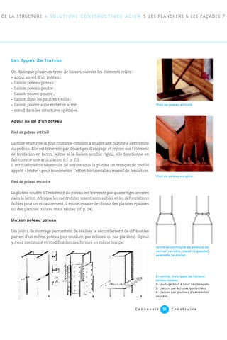 C o n c e v o i r C o n s t r u i r e51
Les types de liaison
On distingue plusieurs types de liaison, suivant les éléments reliés :
– appui au sol d’un poteau ;
– liaison poteau-poteau ;
– liaison poteau-poutre ;
– liaison poutre-poutre ;
– liaison dans les poutres treillis ;
– liaison poutre-voile en béton armé ;
– nœud dans les structures spatiales.
Appui au sol d’un poteau
Pied de poteau articulé
La mise en œuvre la plus courante consiste à souder une platine à l’extrémité
du poteau. Elle est traversée par deux tiges d’ancrage et repose sur l’élément
de fondation en béton. Même si la liaison semble rigide, elle fonctionne en
fait comme une articulation (cf. p. 23).
Il est quelquefois nécessaire de souder sous la platine un tronçon de profilé
appelé « bêche » pour transmettre l’effort horizontal au massif de fondation.
Pied de poteau encastré
La platine soudée à l’extrémité du poteau est traversée par quatre tiges ancrées
dans le béton. Afin que les contraintes soient admissibles et les déformations
faibles pour un encastrement, il est nécessaire de choisir des platines épaisses
ou des platines minces mais raidies (cf. p. 24).
Liaison poteau-poteau
Les joints de montage permettent de réaliser le raccordement de différentes
parties d’un même poteau (par soudure, par éclisses ou par platines). Il peut
y avoir continuité et modification des formes en même temps.
DE LA STRUCTURE 4 SOLUTIONS CONSTRUCTIVES ACIER 5 LES PLANCHERS 6 LES FAÇADES 7
Pied de poteau articulé.
Pied de poteau encastré.
Joints de continuité de poteaux de
section variable, soudé (à gauche),
assemblé (à droite).
Ci-contre, trois types de liaisons
poteau-poteau
1- Soudage bout à bout des tronçons
2- Liaison par éclisses boulonnées
3- Liaison par platines d’extrémités
soudées.
 