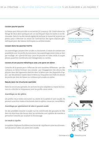 C o n c e v o i r C o n s t r u i r e53
Liaison poutre-poutre
La liaison peut être articulée ou encastrée (cf. croquis p. 24). L’articulation au
faîtage de deux demi-portiques est un cas fréquent dans les halles à rez-de-
chaussée. Dans le cas des nœuds rigides de portique, la liaison de la poutre au
poteau peut s’effectuer en retrait de l’intersection des lignes d’épures géo-
métriques pour des raisons techniques ou architecturales.
Liaison dans les poutres treillis
Les assemblages peuvent être soudés ou boulonnés. Il existe de nombreuses
possibilités avec les profils du commerce. Les assemblages entre tubes se font
par soudage : en « gueule de loup » pour les poutres en tubes ronds, à coupes
planes quand les membrures sont hexagonales ou carrées.
Liaison d’une poutre métallique avec une paroi en béton
L’attache de la poutre peut s’effectuer de trois manières différentes : par des
corbeaux en béton formant une console ; par l’engagement des abouts des
poutres dans des logements réservés dans le béton avec des dispositifs d’ap-
pui ; par des platines noyées dans le béton sur lesquelles sont fixés les abouts
de poutre par âme de liaison ou corbeaux pré-soudés en atelier.
Nœuds dans les structures spatiales
Dans les structures spatiales, les sections les plus adaptées au travail de trac-
tion et à celui de la compression sont les profils creux ronds.
Assemblages sur des sphères
Les profils creux ronds concourent au centre de la sphère et sont soudés. Ils
peuvent aussi être vissés et boulonnés dans la sphère creuse (ex. nœud Méro).
Assemblages par aplatissement de tubes et goussets soudés
Un des procédés consiste à souder sur les membrures des goussets en tôle
dans les directions des barres dont les extrémités sont aplaties de manière à
permettre l’attache par soudure ou boulonnage.
Les nœuds à coquilles
Le système Stéphane Duchâteau est formé de coquilles en acier moulé enser-
rant plusieurs tubes. Les joints sont soudés.
DE LA STRUCTURE 4 SOLUTIONS CONSTRUCTIVES ACIER 5 LES PLANCHERS 6 LES FAÇADES 7
Traverses de portique articulées,
avec axe libre dans deux coquilles
cylindriques soudées.
Appui simple de poutre sur un mur
ou un voile en béton armé.
Assemblage de tubes par goussets
aplatis.
Nœud Méro.
Système de nœud tridimensionnel
Stéphane Duchâteau.
 