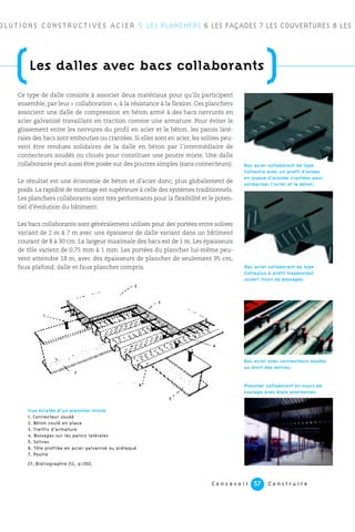 C o n c e v o i r C o n s t r u i r e57
Ce type de dalle consiste à associer deux matériaux pour qu’ils participent
ensemble, par leur « collaboration », à la résistance à la flexion. Ces planchers
associent une dalle de compression en béton armé à des bacs nervurés en
acier galvanisé travaillant en traction comme une armature. Pour éviter le
glissement entre les nervures du profil en acier et le béton, les parois laté-
rales des bacs sont embouties ou crantées. Si elles sont en acier, les solives peu-
vent être rendues solidaires de la dalle en béton par l’intermédiaire de
connecteurs soudés ou cloués pour constituer une poutre mixte. Une dalle
collaborante peut aussi être posée sur des poutres simples (sans connecteurs).
Le résultat est une économie de béton et d’acier donc, plus globalement de
poids. La rapidité de montage est supérieure à celle des systèmes traditionnels.
Les planchers collaborants sont très performants pour la flexibilité et le poten-
tiel d’évolution du bâtiment.
Les bacs collaborants sont généralement utilisés pour des portées entre solives
variant de 2 m à 7 m avec une épaisseur de dalle variant dans un bâtiment
courant de 8 à 30 cm. La largeur maximale des bacs est de 1 m. Les épaisseurs
de tôle varient de 0,75 mm à 1 mm. Les portées du plancher lui-même peu-
vent atteindre 18 m, avec des épaisseurs de plancher de seulement 95 cm,
faux plafond, dalle et faux plancher compris.
OLUTIONS CONSTRUCTIVES ACIER 5 LES PLANCHERS 6 LES FAÇADES 7 LES COUVERTURES 8 LES
(Les dalles avec bacs collaborants
)
Bac acier collaborant de type
Cofrastra avec un profil d’ondes
en queue d’aronde crantées pour
solidariser l’acier et le béton.
Bac acier collaborant de type
Cofraplus à profil trapézoïdal
ouvert muni de bossages.
Plancher collaborant en cours de
coulage avec étais provisoires.
Bac acier avec connecteurs soudés
au droit des solives.
Solive
Treillis d’armature
Connecteur
soudé
Poutre
Bossages
sur les
parois
latérales
Vue éclatée d’un plancher mixte.
1. Connecteur soudé
2. Béton coulé en place
3. Treillis d’armature
4. Bossages sur les parois latérales
5. Solives
6. Tôle profilée en acier galvanisé ou prélaqué
7. Poutre
Cf. Bibliographie [12, p.130].
1
2
3
4
5
6
7
 