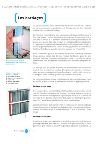 3 LA CONCEPTION GÉNÉRALE DE LA STRUCTURE 4 SOLUTIONS CONSTRUCTIVES ACIER 5 LES P
M é m e n t o s a c i e r72
Il s’agit d’un système où les éléments en tôle d’acier nervurée sont juxtapo-
sés par recouvrement. La ventilation et le drainage sont les deux notions à
intégrer dans tout type de bardage.
De l’intérieur vers l’extérieur on a successivement le parement intérieur, le
film pare-vapeur, l’isolant thermique, éventuellement le pare-pluie (puis le
vide d’air si besoin) et le parement extérieur en acier. Quand la façade est
conçue avec un vide d’air, celui-ci assure la ventilation et fait ainsi disparaître
la condensation et permet progressivement d’équilibrer la pression de part et
d’autre du parement extérieur. Ensuite le drainage permet d’évacuer l’eau de
l’intérieur de la façade quand le parement n’assure pas l’étanchéité.
Prévu initialement pour les réalisations industrielles, le bardage intéresse,
depuis quelque temps déjà, de plus en plus d’architectes pour des pro-
grammes multiples : logements, équipements publics… En effet, les détails
de réalisation sont relativement simples et le coût de ce type de système est
faible.
Un bardage peut en général se poser soit verticalement soit horizontale-
ment. Il peut se cintrer par crantage. Une gamme d’accessoires vient com-
pléter les nombreuses gammes de profils existants : angles collés, cintrés par
crantage, fixations, bavettes, plaques d’éclairement ou hublots...
La protection de la surface est réalisée par une peinture appliquée en conti-
nu et cuite au four. Il existe de nombreuses nuances et types de peinture.
Bardage simple peau
Il se compose d’une paroi métallique fixée sur l’ossature secondaire consti-
tuée de lisses horizontales ou de montants verticaux. L’espacement entre
lisses ou entre montants dépend de l’épaisseur de la tôle et de la section des
nervures. Il sert dans la construction de hangars ou d’entrepôts pour les-
quels il n’y a pas besoin d’isolation thermique ou acoustique.
Comme revêtement d’un mur en béton ou en maçonnerie il intervient aussi
comme protection mécanique d’une isolation posée extérieurement. On met
alors un isolant thermique et on fixe le bardage à l’aide de profils en Z ou en
oméga.
Bardage double-peau
Il comporte un parement extérieur en acier et un parement intérieur com-
posé de plateaux en acier fixés sur l’ossature principale. On obtient la confi-
guration la plus simple en laissant les plateaux apparents en intérieur. Les
(Les bardages
)
1
3
5
6
4
2
Bardage simple peau
1. Lisse de bardage
2. Ossature principale
3. Couronnement d’acrotère
4. Angle plié
5. Bavette rejet d’eau
6. Paroi extérieure.
Exemple de façade bardage
assemblée sur une structure de
plancher sec.
 
