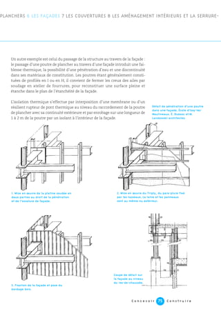 C o n c e v o i r C o n s t r u i r e75
PLANCHERS 6 LES FAÇADES 7 LES COUVERTURES 8 LES AMÉNAGEMENT INTÉRIEURS ET LA SERRURE-
Un autre exemple est celui du passage de la structure au travers de la façade :
le passage d’une poutre de plancher au travers d’une façade introduit une fai-
blesse thermique, la possibilité d’une pénétration d’eau et une discontinuité
dans ses matériaux de constitution. Les poutres étant généralement consti-
tuées de profilés en I ou en H, il convient de fermer les creux des ailes par
soudage en atelier de fourrures, pour reconstituer une surface pleine et
étanche dans le plan de l’étanchéité de la façade.
L’isolation thermique s’effectue par interposition d’une membrane ou d’un
résilient rupteur de pont thermique au niveau du raccordement de la poutre
de plancher avec sa continuité extérieure et par enrobage sur une longueur de
1 à 2 m de la poutre par un isolant à l’intérieur de la façade.
1. Mise en œuvre de la platine soudée en
deux parties au droit de la pénétration
et de l’ossature de façade.
2. Mise en œuvre du Triply, du pare-pluie fixé
par les tasseaux. La laine et les panneaux
sont au même nu extérieur.
3. Fixation de la façade et pose du
bardage bois.
Coupe de détail sur
la façade au niveau
du rez-de-chaussée.
Détail de pénétration d’une poutre
dans une façade. École d’Issy-les-
Moulineaux. É. Dubosc et M.
Landowski architectes.
 