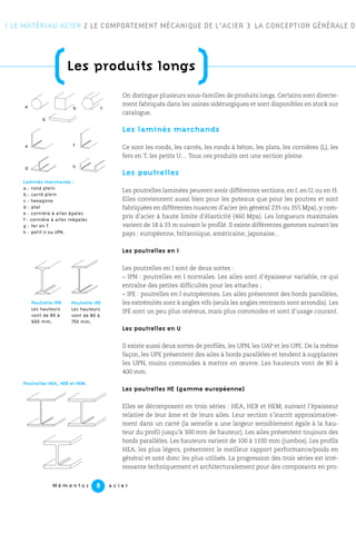 1 LE MATÉRIAU ACIER 2 LE COMPORTEMENT MÉCANIQUE DE L’ACIER 3 LA CONCEPTION GÉNÉRALE DE
M é m e n t o s a c i e r8
On distingue plusieurs sous-familles de produits longs. Certains sont directe-
ment fabriqués dans les usines sidérurgiques et sont disponibles en stock sur
catalogue.
Les laminés marchands
Ce sont les ronds, les carrés, les ronds à béton, les plats, les cornières (L), les
fers en T, les petits U… Tous ces produits ont une section pleine.
Les poutrelles
Les poutrelles laminées peuvent avoir différentes sections, en I, en U, ou en H.
Elles conviennent aussi bien pour les poteaux que pour les poutres et sont
fabriquées en différentes nuances d’acier (en général 235 ou 355 Mpa), y com-
pris d’acier à haute limite d’élasticité (460 Mpa). Les longueurs maximales
varient de 18 à 33 m suivant le profilé. Il existe différentes gammes suivant les
pays : européenne, britannique, américaine, japonaise...
Les poutrelles en I
Les poutrelles en I sont de deux sortes :
– IPN : poutrelles en I normales. Les ailes sont d’épaisseur variable, ce qui
entraîne des petites difficultés pour les attaches ;
– IPE : poutrelles en I européennes. Les ailes présentent des bords parallèles,
les extrémités sont à angles vifs (seuls les angles rentrants sont arrondis). Les
IPE sont un peu plus onéreux, mais plus commodes et sont d’usage courant.
Les poutrelles en U
Il existe aussi deux sortes de profilés, les UPN, les UAP et les UPE. De la même
façon, les UPE présentent des ailes à bords parallèles et tendent à supplanter
les UPN, moins commodes à mettre en œuvre. Les hauteurs vont de 80 à
400 mm.
Les poutrelles HE (gamme européenne)
Elles se décomposent en trois séries : HEA, HEB et HEM, suivant l’épaisseur
relative de leur âme et de leurs ailes. Leur section s’inscrit approximative-
ment dans un carré (la semelle a une largeur sensiblement égale à la hau-
teur du profil jusqu’à 300 mm de hauteur). Les ailes présentent toujours des
bords parallèles. Les hauteurs varient de 100 à 1100 mm (jumbos). Les profils
HEA, les plus légers, présentent le meilleur rapport performance/poids en
général et sont donc les plus utilisés. La progression des trois séries est inté-
ressante techniquement et architecturalement pour des composants en pro-
(Les produits longs
)
Laminés marchands :
a : rond plein
b : carré plein
c : hexagone
d : plat
e : cornière à ailes égales
f : cornière à ailes inégales
g : fer en T
h : petit U ou UPN.
Poutrelle IPN
Les hauteurs
vont de 80 à
600 mm.
Poutrelle IPE
Les hauteurs
vont de 80 à
750 mm.
Poutrelles HEA, HEB et HEM.
a b c
d
g h
fe
 