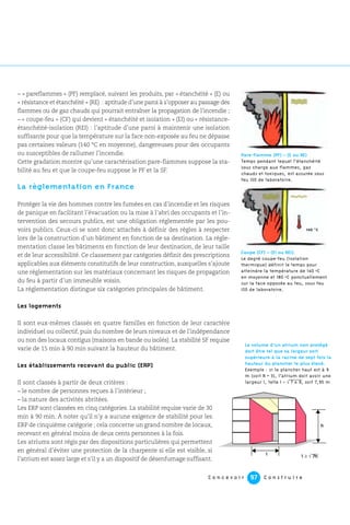 C o n c e v o i r C o n s t r u i r e97
– « pareflammes » (PF) remplacé, suivant les produits, par « étanchéité » (E) ou
« résistance et étanchéité » (RE) : aptitude d’une paroi à s’opposer au passage des
flammes ou de gaz chauds qui pourrait entraîner la propagation de l’incendie ;
– « coupe-feu » (CF) qui devient « étanchéité et isolation » (EI) ou « résistance-
étanchéité-isolation (REI) : l’aptitude d’une paroi à maintenir une isolation
suffisante pour que la température sur la face non-exposée au feu ne dépasse
pas certaines valeurs (140 °C en moyenne), dangereuses pour des occupants
ou susceptibles de rallumer l’incendie.
Cette gradation montre qu’une caractérisation pare-flammes suppose la sta-
bilité au feu et que le coupe-feu suppose le PF et la SF.
La règlementation en France
Protéger la vie des hommes contre les fumées en cas d’incendie et les risques
de panique en facilitant l’évacuation ou la mise à l’abri des occupants et l’in-
tervention des secours publics, est une obligation réglementée par les pou-
voirs publics. Ceux-ci se sont donc attachés à définir des règles à respecter
lors de la construction d’un bâtiment en fonction de sa destination. La régle-
mentation classe les bâtiments en fonction de leur destination, de leur taille
et de leur accessibilité. Ce classement par catégories définit des prescriptions
applicables aux éléments constitutifs de leur construction, auxquelles s’ajoute
une réglementation sur les matériaux concernant les risques de propagation
du feu à partir d’un immeuble voisin.
La réglementation distingue six catégories principales de bâtiment.
Les logements
Il sont eux-mêmes classés en quatre familles en fonction de leur caractère
individuel ou collectif, puis du nombre de leurs niveaux et de l’indépendance
ou non des locaux contigus (maisons en bande ou isolés). La stabilité SF requise
varie de 15 min à 90 min suivant la hauteur du bâtiment.
Les établissements recevant du public (ERP)
Il sont classés à partir de deux critères :
– le nombre de personnes reçues à l’intérieur ;
– la nature des activités abritées.
Les ERP sont classées en cinq catégories. La stabilité requise varie de 30
min à 90 min. À noter qu’il n’y a aucune exigence de stabilité pour les
ERP de cinquième catégorie ; cela concerne un grand nombre de locaux,
recevant en général moins de deux cents personnes à la fois.
Les atriums sont régis par des dispositions particulières qui permettent
en général d’éviter une protection de la charpente si elle est visible, si
l’atrium est assez large et s’il y a un dispositif de désenfumage suffisant.
Coupe (CF) = (EI ou REI).
Le degré coupe-feu (isolation
thermique) définit le temps pour
atteindre la température de 140 oC
en moyenne et 180 oC ponctuellement
sur la face opposée au feu, sous feu
ISO de laboratoire.
Pare-flamme (PF) = (E ou RE)
Temps pendant lequel l’étanchéité
sous charge aux flammes, gaz
chauds et toxiques, est assurée sous
feu ISO de laboratoire.
140 ˚C
h
l
▼
▲
▲
▲
l ≥ √√√√ ≥√√7h≤≤≤≥≥
Le volume d’un atrium non protégé
doit être tel que sa largeur soit
supérieure à la racine de sept fois la
hauteur du plancher le plus élevé.
Exemple : si le plancher haut est à 9
m (soit R + 3), l’atrium doit avoir une
largeur l, telle l = √ 7 x 9, soit 7,95 m
 