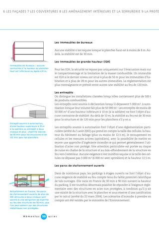 6 LES FAÇADES 7 LES COUVERTURES 8 LES AMÉNAGEMENT INTÉRIEURS ET LA SERRURERIE 9 LA PROTE
M é m e n t o s a c i e r98
Les immeubles de bureaux
Aucune stabilité n’est requise lorsque le plancher haut est à moins de 8 m. Au-
delà, la stabilité est de 30 min.
Les immeubles de grande hauteur (IGH)
Pour les IGH, la sécurité ne repose pas uniquement sur l’évacuation mais sur
le compartimentage et la limitation de la masse combustible. Un immeuble
est IGH si le dernier niveau est situé à plus de 50 m pour les immeubles d’ha-
bitation et à plus de 28 m pour les autres immeubles. La réglementation est
plus contraignante et prévoit entre autres une stabilité au feu de 120 min.
Les entrepôts
On distingue les installations classées lorsqu’elles contiennent plus de 500 t
de produits combustibles.
Les entrepôts sont soumis à déclaration lorsqu’il dépassent 5 000 m3, à auto-
risation lorsque leur volume fait plus de 50 000 m3. Les entrepôts de moins de
50 000 m3 d’une hauteur inférieure à 10 m (à la sablière) ne font l’objet d’au-
cune contrainte de stabilité. Au-delà de 10 m, la stabilité au feu est de 30 min
pour la structure et de 120 min pour les planchers s’il y en a.
Les entrepôts soumis à autorisation font l’objet d’une réglementation parti-
culière (arrêté du 5 août 2002) qui prend en compte la taille des cellules, la hau-
teur du bâtiment au faîtage (plus ou moins de 12,5 m), le recoupement en
cellules et les mesures actives (sprinklers), avec la possibilité de mettre en
œuvre une approche d’ingénierie incendie ce qui permet généralement l’uti-
lisation d’acier non protégé. Une attention particulière est portée au risque
de ruine en chaîne de la structure et au non-effondrement de la structure en
feu vers l’extérieur. Aucune exigence n’est toutefois requise si la taille des cel-
lules ne dépasse pas 3 000 m2 (6 000 m2 avec sprinklers) et la hauteur 12,5 m.
Les parcs de stationnement ouverts
Dans de nombreux pays, les parkings à étages ouverts ne font l’objet d’au-
cune exigence de stabilité au feu compte tenu du faible potentiel calorifique
de tels ouvrages. Elle varie en France de 30 min à 90 min suivant la hauteur
du parking. Il est toutefois désormais possible de répondre à l’exigence règle-
mentaire avec des structures en acier non protégées, à condition qu’il y ait
une mixité de la structure avec le plancher et sous réserve d’une justification
par le calcul (arrêté du 22 mars 2004). Les scénarios d’incendie à prendre en
compte ont été validés par le ministère de l’Environnement.
Actuellement en France, les parcs
de stationnement ouverts de plus de
250 véhicules à deux niveaux sont
soumis à une obligation de stabilité
au feu des structures de 30 min, que
l’on peut obtenir par des structures
métalliques non protégées.
Immeubles de bureaux : aucune
contrainte si la hauteur du plancher
haut est inférieure ou égale à 8 m.
Entrepôt soumis à autorisation,
d’une hauteur supérieure à 10 m
à la sablière ou entrepôt à deux
niveaux et plus : stabilité requise
de 30 min pour les structures et de
120 min pour les planchers.
 