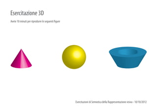 Esercitazione 3D
Avete 10 minuti per riprodurre le seguenti figure




                                                    Esercitazioni di Semiotica della Rappresentazione visiva - 10/10/2012
 