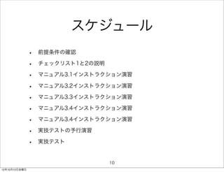 スケジュール
               •   前提条件の確認

               •   チェックリスト1と2の説明

               •   マニュアル3.1インストラクション演習

               •   マニュアル3.2インストラクション演習

               •   マニュアル3.3インストラクション演習

               •   マニュアル3.4インストラクション演習

               •   マニュアル3.4インストラクション演習

               •   実技テストの予行演習

               •   実技テスト


                                   10
12年10月12日金曜日
 