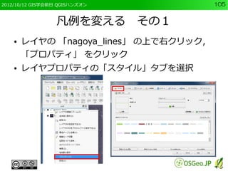 2012/10/12 GIS学会前日 QGISハンズオン            105


                  凡例を変える　その１
    ●   レイヤの 「nagoya_lines」 の上で右クリック，
        「プロパティ」 をクリック
    ●   レイヤプロパティの「スタイル」タブを選択
 