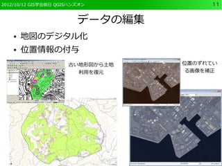 2012/10/12 GIS学会前日 QGISハンズオン           11


                         データの編集
    ●   地図のデジタル化
    ●   位置情報の付与
                      古い地形図から土地   位置のずれてい
                        利用を復元      る画像を補正
 