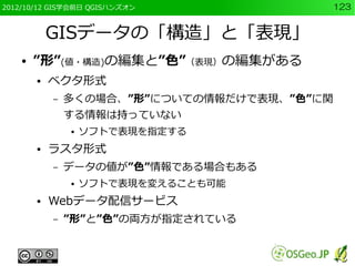 2012/10/12 GIS学会前日 QGISハンズオン                  123


            GISデータの「構造」と「表現」
    ●   ”形”(値・構造)の編集と”色”（表現）の編集がある
        ●   ベクタ形式
            –   多くの場合、”形”についての情報だけで表現、”色”に関
                する情報は持っていない
                ●   ソフトで表現を指定する
        ●   ラスタ形式
            –   データの値が”色”情報である場合もある
                ●   ソフトで表現を変えることも可能
        ●   Webデータ配信サービス
            –   ”形”と”色”の両方が指定されている
 