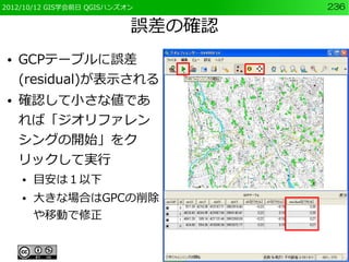 2012/10/12 GIS学会前日 QGISハンズオン       236

                           誤差の確認
 ●   GCPテーブルに誤差
     (residual)が表示される
 ●   確認して小さな値であ
     れば「ジオリファレン
     シングの開始」をク
     リックして実行
     ●   目安は１以下
     ●   大きな場合はGPCの削除
         や移動で修正
 