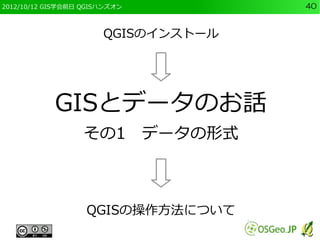 2012/10/12 GIS学会前日 QGISハンズオン         40



                       QGISのインストール




            GISとデータのお話
                   その1　データの形式



                   QGISの操作方法について
 