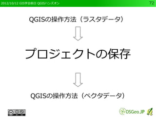 2012/10/12 GIS学会前日 QGISハンズオン      72



             QGISの操作方法（ラスタデータ）




           プロジェクトの保存


              QGISの操作方法（ベクタデータ）
 