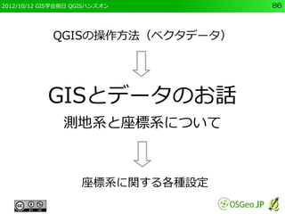 2012/10/12 GIS学会前日 QGISハンズオン      86



             QGISの操作方法（ベクタデータ）




            GISとデータのお話
                測地系と座標系について



                    座標系に関する各種設定
 