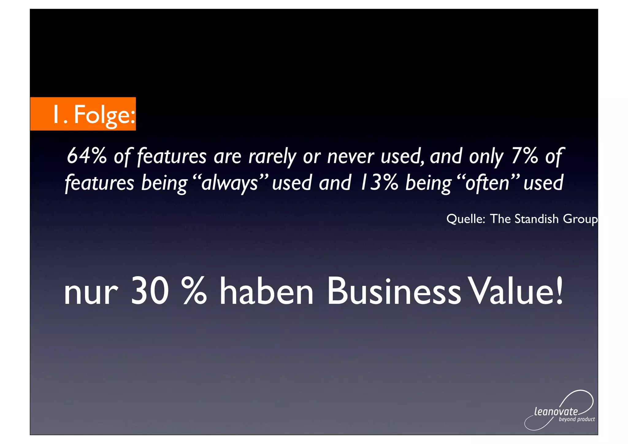 1. Folge:
 64% of features are rarely or never used, and only 7% of
 features being “always” used and 13% being “often” used
                                           Quelle: The Standish Group




 nur 30 % haben Business Value!
 