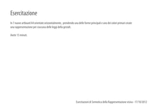 Esercitazione
In 7 nuove artboard A4 orientate orizzontalmente, prendendo una delle forme principali e uno dei colori primari create
una rappresentazione per ciascuna delle leggi della gestalt.

Avete 15 minuti.




                                                               Esercitazioni di Semiotica della Rappresentazione visiva - 17/10/2012
 