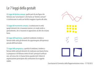 Le 7 leggi della gestalt
4) Legge del destino comune, quelle parti di una figura che
formano una “curva buona” o che hanno un “destino comune”
si costituiscono in unità con facilità maggiore rispetto alle altre.


5) Legge del movimento comune, si costituiscono in unità
quegli elementi che si muovono insieme o in modo simile o,
generalmente, che si muovono in opposizione ad altri che restano
fermi.

6) Legge dell’esperienza, a parità di condizioni, tendono a
formare delle unità gli elementi che appartengono all’esperienza
passata dell’osservatore.

7) Legge della pregnanza, a partità di condizioni, tendono a
formare delle unità gli elementi che realizzano una buona forma.
La pregnanza è di fattouna sintesi di tutti i principi di unificazi-
one, nel senso che vi è buona forma quando tutti i fattori di
organizzazione partecipano alla costituzione di un oggetto
stabile.
                                                                     Esercitazioni di Semiotica della Rappresentazione visiva - 17/10/2012
 