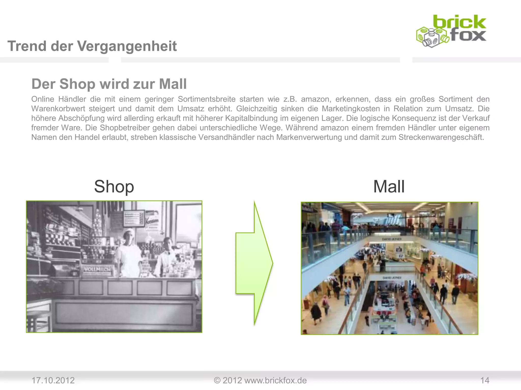 Trend der Vergangenheit

   Der Shop wird zur Mall
   Online Händler die mit einem geringer Sortimentsbreite starten wie z.B. amazon, erkennen, dass ein großes Sortiment den
   Warenkorbwert steigert und damit dem Umsatz erhöht. Gleichzeitig sinken die Marketingkosten in Relation zum Umsatz. Die
   höhere Abschöpfung wird allerding erkauft mit höherer Kapitalbindung im eigenen Lager. Die logische Konsequenz ist der Verkauf
   fremder Ware. Die Shopbetreiber gehen dabei unterschiedliche Wege. Während amazon einem fremden Händler unter eigenem
   Namen den Handel erlaubt, streben klassische Versandhändler nach Markenverwertung und damit zum Streckenwarengeschäft.




                    Shop                                                                        Mall




   17.10.2012                                        © 2012 www.brickfox.de                                                   14
 