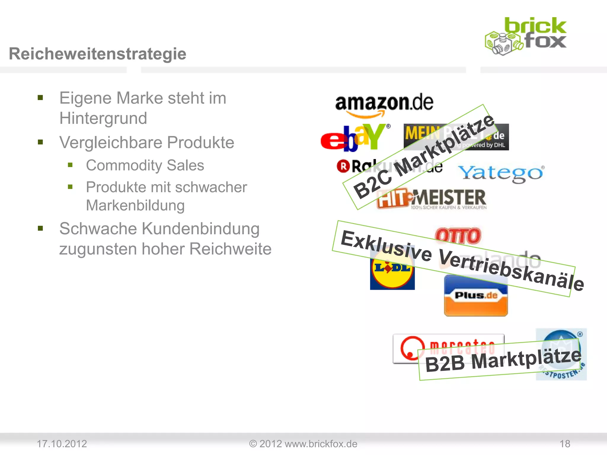 Reicheweitenstrategie

    Eigene Marke steht im
     Hintergrund
    Vergleichbare Produkte
         Commodity Sales
         Produkte mit schwacher
          Markenbildung
    Schwache Kundenbindung
     zugunsten hoher Reichweite




   17.10.2012                      © 2012 www.brickfox.de   18
 