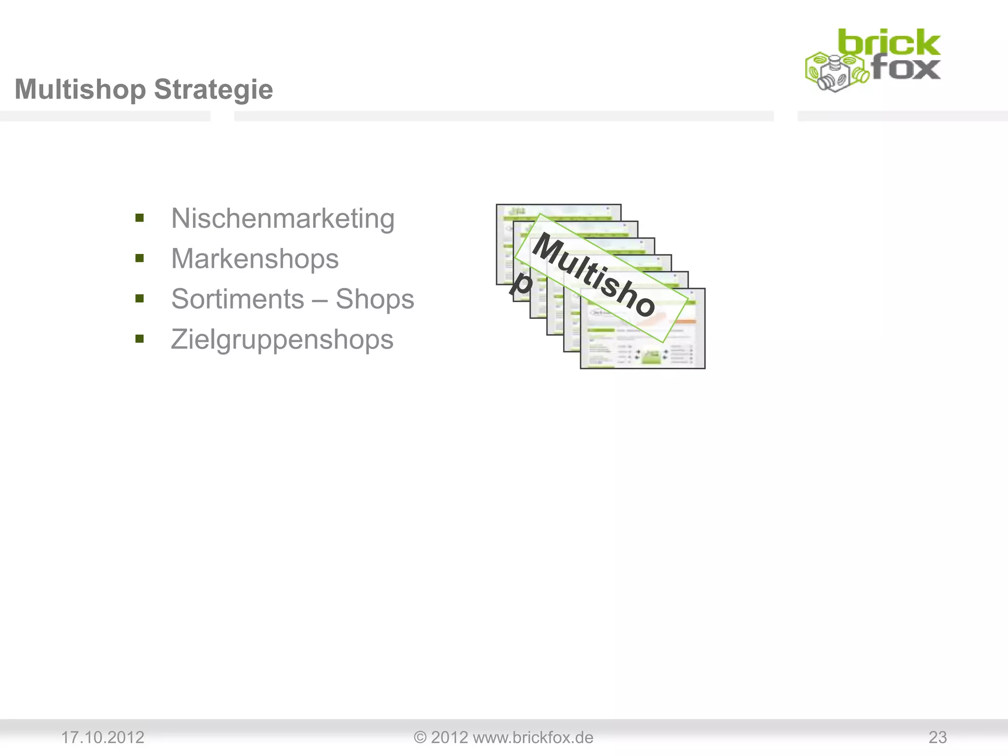 Multishop Strategie



               Nischenmarketing
               Markenshops
               Sortiments – Shops
               Zielgruppenshops




   17.10.2012                    © 2012 www.brickfox.de   23
 