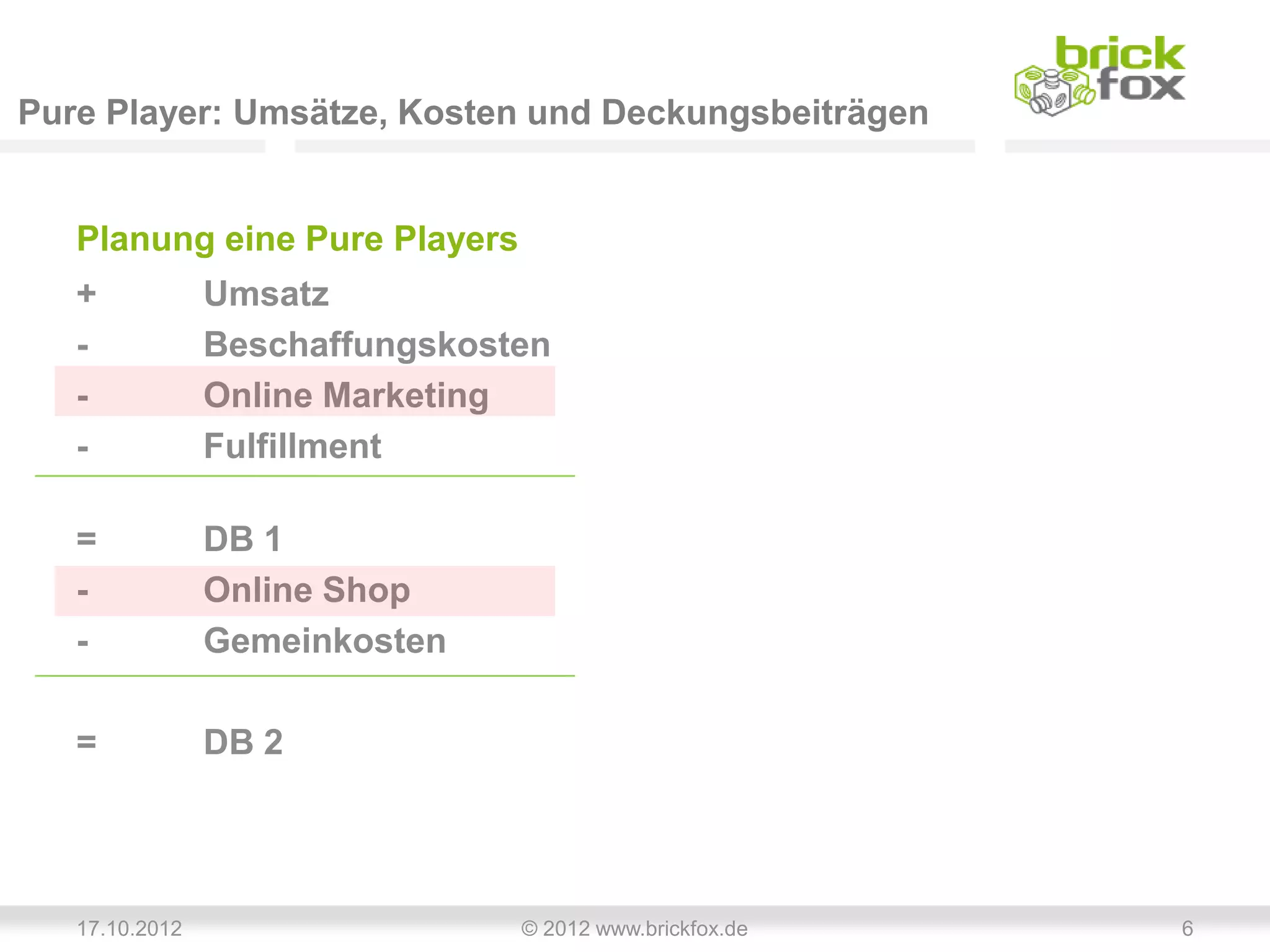 Pure Player: Umsätze, Kosten und Deckungsbeiträgen


   Planung eine Pure Players
   +            Umsatz
   -            Beschaffungskosten
   -            Online Marketing
   -            Fulfillment

   =            DB 1
   -            Online Shop
   -            Gemeinkosten

   =            DB 2




   17.10.2012                   © 2012 www.brickfox.de   6
 