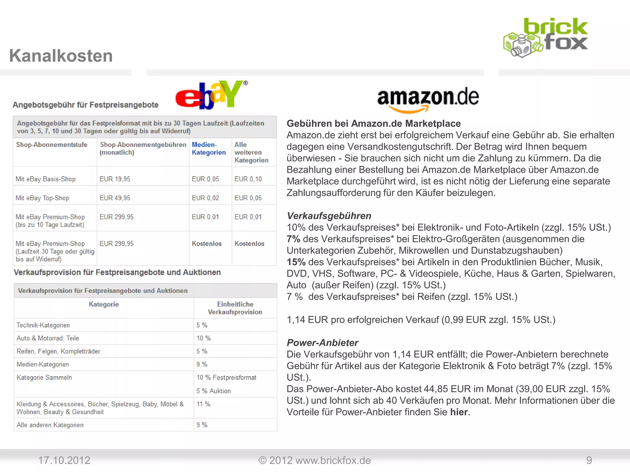 Kanalkosten


                     Gebühren bei Amazon.de Marketplace
                     Amazon.de zieht erst bei erfolgreichem Verkauf eine Gebühr ab. Sie erhalten
                     dagegen eine Versandkostengutschrift. Der Betrag wird Ihnen bequem
                     überwiesen - Sie brauchen sich nicht um die Zahlung zu kümmern. Da die
                     Bezahlung einer Bestellung bei Amazon.de Marketplace über Amazon.de
                     Marketplace durchgeführt wird, ist es nicht nötig der Lieferung eine separate
                     Zahlungsaufforderung für den Käufer beizulegen.

                     Verkaufsgebühren
                     10% des Verkaufspreises* bei Elektronik- und Foto-Artikeln (zzgl. 15% USt.)
                     7% des Verkaufspreises* bei Elektro-Großgeräten (ausgenommen die
                     Unterkategorien Zubehör, Mikrowellen und Dunstabzugshauben)
                     15% des Verkaufspreises* bei Artikeln in den Produktlinien Bücher, Musik,
                     DVD, VHS, Software, PC- & Videospiele, Küche, Haus & Garten, Spielwaren,
                     Auto (außer Reifen) (zzgl. 15% USt.)
                     7 % des Verkaufspreises* bei Reifen (zzgl. 15% USt.)

                     1,14 EUR pro erfolgreichen Verkauf (0,99 EUR zzgl. 15% USt.)

                     Power-Anbieter
                     Die Verkaufsgebühr von 1,14 EUR entfällt; die Power-Anbietern berechnete
                     Gebühr für Artikel aus der Kategorie Elektronik & Foto beträgt 7% (zzgl. 15%
                     USt.).
                     Das Power-Anbieter-Abo kostet 44,85 EUR im Monat (39,00 EUR zzgl. 15%
                     USt.) und lohnt sich ab 40 Verkäufen pro Monat. Mehr Informationen über die
                     Vorteile für Power-Anbieter finden Sie hier.




   17.10.2012   © 2012 www.brickfox.de                                                     9
 