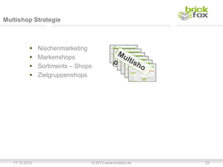 Multishop Strategie



               Nischenmarketing
               Markenshops
               Sortiments – Shops
               Zielgruppenshops




   17.10.2012                    © 2012 www.brickfox.de   23
 