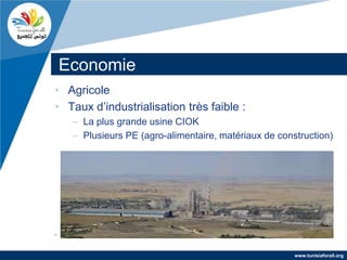 Economie
• Agricole
• Taux d’industrialisation très faible :
   – La plus grande usine CIOK
   – Plusieurs PE (agro-alimentaire, matériaux de construction)




                                                      www.tunisiaforall.org
 
