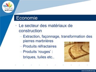 Economie
• Le secteur des matériaux de
  construction
  – Extraction, façonnage, transformation des
    pierres marbrières
  – Produits réfractaires
  – Produits ‘rouges’ :
    briques, tuiles etc..


                                      www.tunisiaforall.org
 