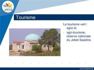 Tourisme
           Le tourisme vert :
             agro et
           • agri-tourisme,
             reserve nationale
             du Jebel Saadine




                      www.tunisiaforall.org
 