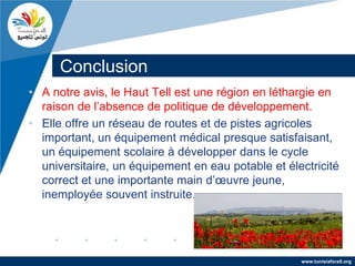 Conclusion
• A notre avis, le Haut Tell est une région en léthargie en
  raison de l’absence de politique de développement.
• Elle offre un réseau de routes et de pistes agricoles
  important, un équipement médical presque satisfaisant,
  un équipement scolaire à développer dans le cycle
  universitaire, un équipement en eau potable et électricité
  correct et une importante main d’œuvre jeune,
  inemployée souvent instruite.




                                                    www.tunisiaforall.org
 